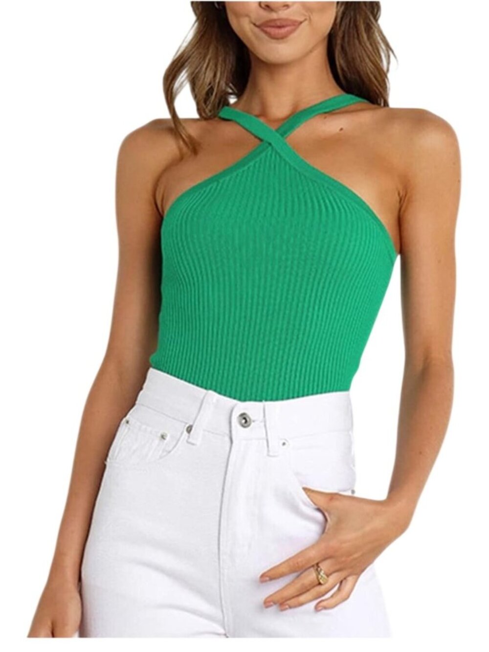 Crisscross Halter Green Ribbed Tank Top Large 65% Cotton 35% Polyester